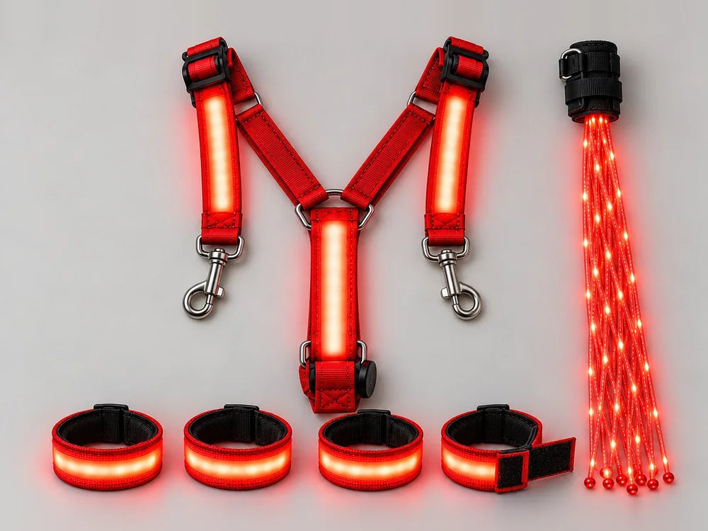 Red LED harness set with adjustable buckle, leg band strap and coin-cell details